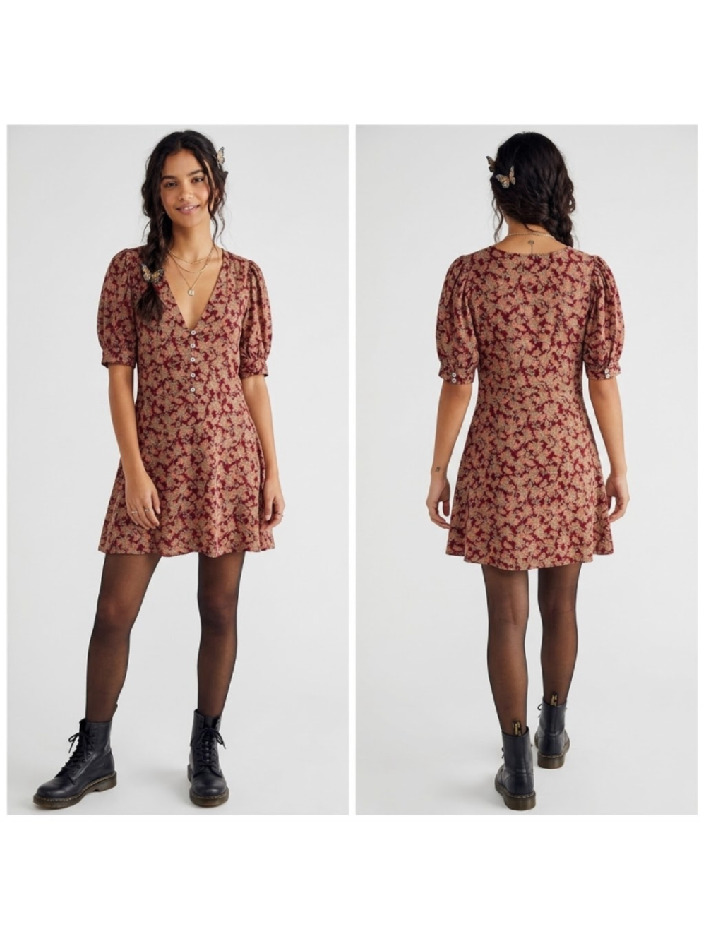 Free People Provence Floral Mini Dress Maroon Size XS Pre-Owned Side Zip